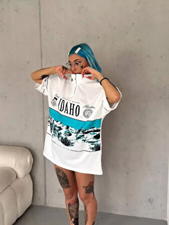 Livizmir Moda Unisex Baskılı Yarım Fermuarlı T-Shirt - Beyaz