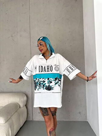 Livizmir Moda Unisex Baskılı Yarım Fermuarlı T-Shirt - Beyaz