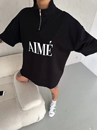 Livizmir Moda Unisex Yarım Fermuarlı Baskılı T-Shirt - Siyah