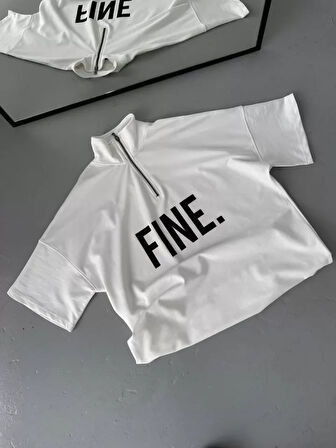 Livizmir Moda Unisex Baskılı Yarım Fermuarlı T-Shirt - Beyaz