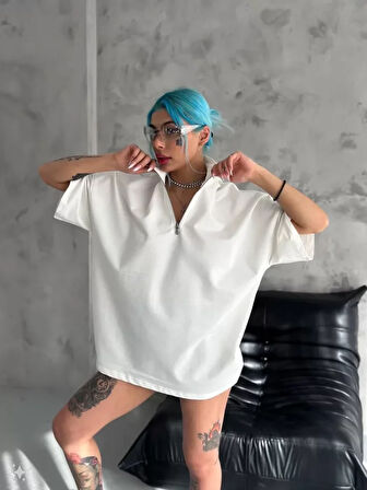 Livizmir Moda Unisex Yarım Fermuarlı Basic T-Shirt - Beyaz