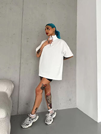 Livizmir Moda Unisex Yarım Fermuarlı Basic T-Shirt - Beyaz