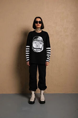 Livizmir Moda Unisex Uzun Kollu Çizgili Penye T-Shirt - Siyah