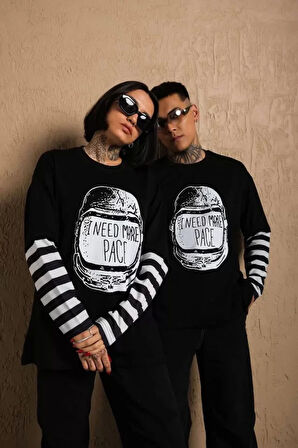 Livizmir Moda Unisex Uzun Kollu Çizgili Penye T-Shirt - Siyah