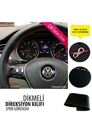 Dikmeli Direksiyon Kılıfı Siyah Deri-kırmızı Ipli Kokusuz ( 38cm×10cm )