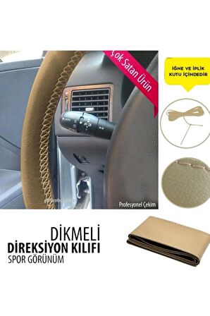 Dikmeli Direksiyon Kılıfı Bej Deri-bej Ipli Kokusuz ( 38cm×10cm )