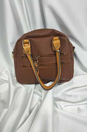 Kadın Çantası, Fermuaralı, Elde ve Omuz Askılı, Kahverengi