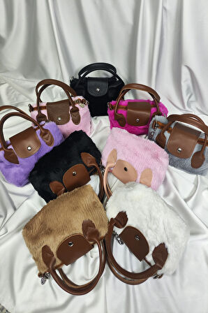 Peluş Çanta, Fermuaralı, Elde ve Omuz Askılı, Kahverengi Askılı, Açık Pembe