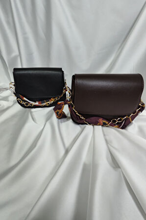 Kadın Çantası, Fermuaralı, Elde ve Omuz Askılı, Eşarp Süslemeli Kahverengi