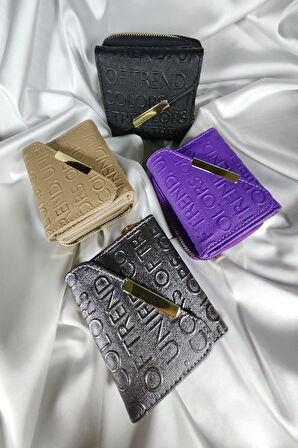 Antrasit - Melanj Kabartma Yazılı Kadın Cüzdanı Çıtçıtlı Kapaklı, İçten Fermuarlı, Kartlık Bölmeli