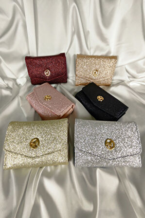 Simli Siyah Kadın Cüzdanı Çıtçıtlı Kapaklı, Bozuk Para Gözlü, Kartlık Bölmeli