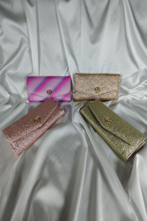 Pembe Simli Kadın Cüzdanı Çıtçıtlı Kapaklı, Bozuk Para Gözlü, Kartlık Bölmeli