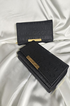 Siyah Kabartma Yazılı Kadın Cüzdanı Çıtçıtlı Kapaklı, İçten Fermuarlı, Kartlık Bölmeli