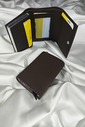 Mekanizmalı Kartlık Kahve, 1. Sınıf Vinlex Deri Kaplamalı, Çıtçıt Kapaklı, Şeffaf Ehliyet ve Kimlik Koyma Gözlü, RFID Korumalı