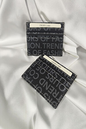 Unisex Kartlık Gri Yazı Desenli,Siyah, 1. Sınıf Vinlex Deri, 7 Tane Kart Koyma Cepli