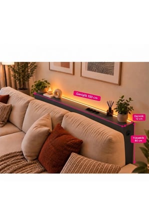 1. Sınıf Antrasit MDF AuraTech LED’li Koltuk Arkası Dresuar Prizli Şarjlı Raf Konsol 150x80x12