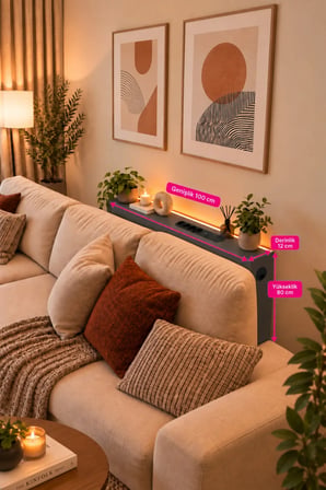 1. Sınıf Antrasit MDF AuraTech LED’li Koltuk Arkası Dresuar Prizli Şarjlı Raf Konsol 100x80x12