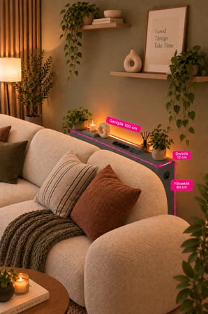 1. Sınıf Antrasit MDF AuraTech LED’li Koltuk Arkası Dresuar Prizli Şarjlı Raf Konsol 100x80x12