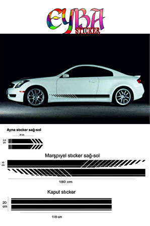 Oto Kaput-Marşpiyel-Yan Ayna Sticker 5 Li Set 180*10-90*20-20*2,5 Cm Sport 3