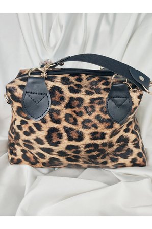 Leopar Desenli Fashion Yazılı Şal Fularlı Çift Saplı Omuz Çantası