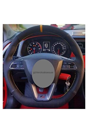 Seat Leon Alkantra Karbon Sarı Yüzüklü Dikmeli Direksiyon Kılıfı