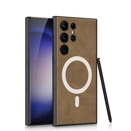 Lexroo Galaxy S24 Ultra Kılıf M-safe Şarj Özellikli Deri Tasarımlı Kıpta Nubuk Kılıf - Siyah