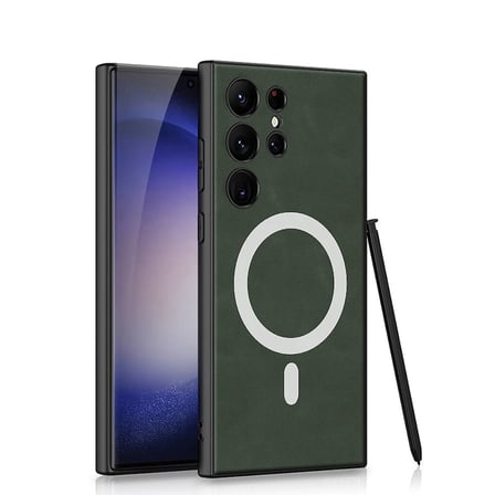 Lexroo Galaxy S24 Ultra Kılıf M-safe Şarj Özellikli Deri Tasarımlı Kıpta Nubuk Kılıf - Yeşil