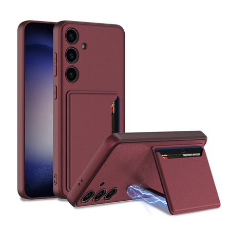 Lexroo Galaxy S24 Suni Deri Arka Yüzey Kartlıklı Kıpta Silikon Kılıf - Mürdüm