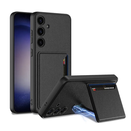 Lexroo Galaxy S24 Suni Deri Arka Yüzey Kartlıklı Kıpta Silikon Kılıf - Siyah