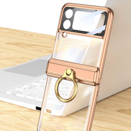 Lexroo Galaxy Z Flip 4 Kılıf Kıpta Yüzüklü Lens Korumalı Kılıf - Gold