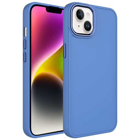 Lexroo iPhone 14 Plus Kılıf Metal Çerçeve ve Buton Tasarımlı Silikon Luna Kılıf - Sierra Mavi