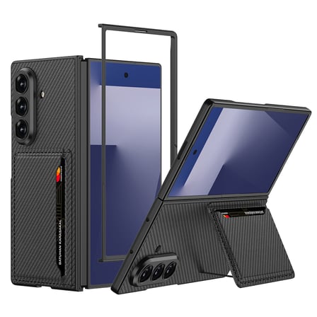 Lexroo Galaxy Z Fold 7 Suni Deri Arka Yüzey Kartlıklı Kıpta Silikon Kılıf - Siyah Karbon