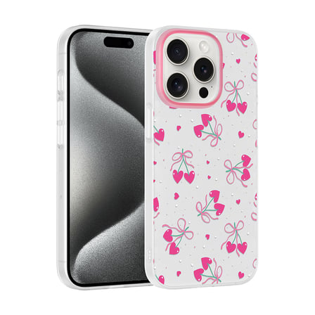 Lexroo iPhone 14 Pro Max Kılıf Kamera Korumalı Desenli Klip Kılıf - Kalpli Kiraz