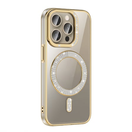 Lexroo iPhone 15 Pro Kılıf Pırlanta Taş Tasarımlı M-safe Şarj Özellikli Karetta Silikon Kılıf - Gold