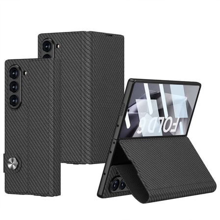 Lexroo Galaxy Z Fold 6 Kılıf Karbon Fiber Tasarımlı Magnetik Tokalı Kartlıklı Kıpta Zegna Kılıf - Siyah