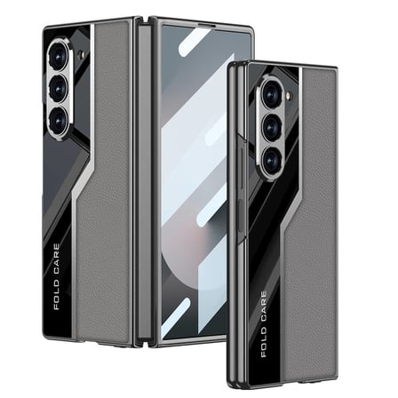 Lexroo Galaxy Z Fold 6 Kılıf Ultra İnce Kamera Korumalı PC + Deri Arka Yüzey Kıpta Poligan Kılıf - Gri