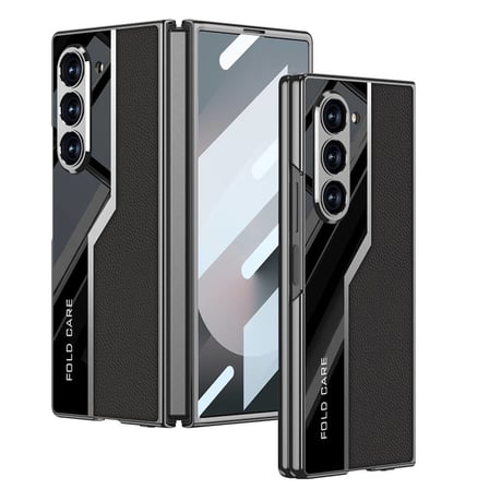 Lexroo Galaxy Z Fold 6 Kılıf Ultra İnce Kamera Korumalı PC + Deri Arka Yüzey Kıpta Poligan Kılıf - Siyah