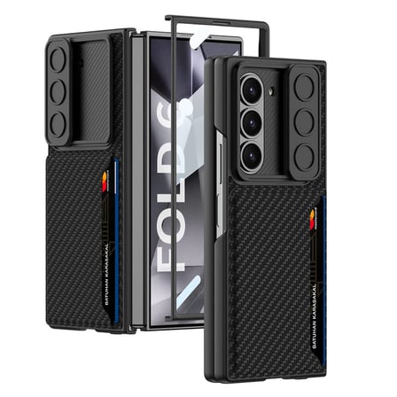 Lexroo Galaxy Z Fold 6 Kılıf Kamera Korumalı Karbon Fiber Arka Yüzey Kartlıklı Kıpta Sert Kılıf - Siyah