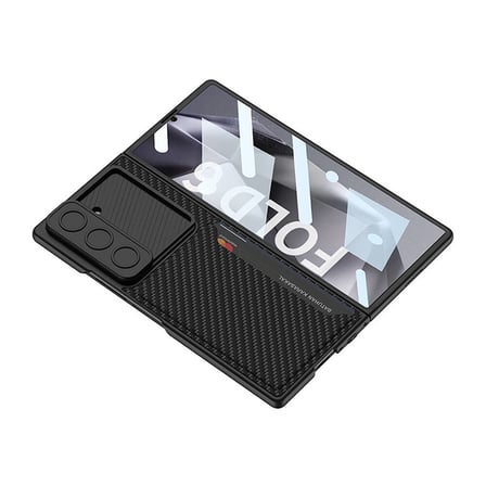 Lexroo Galaxy Z Fold 6 Kılıf Kamera Korumalı Karbon Fiber Arka Yüzey Kartlıklı Kıpta Sert Kılıf - Siyah