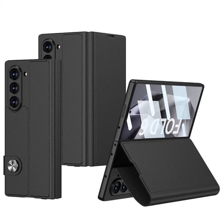 Lexroo Galaxy Z Fold 6 Kılıf Suni Deri Tasarımlı Magnetik Tokalı ve Kartlıklı Kıpta Zegna Kılıf - Siyah