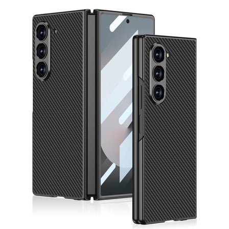 Lexroo Galaxy Z Fold 6 Kılıf Karbon Fiber Tasarımlı Titanyum Metal Kıpta Caz Kılıf - Siyah Karbon