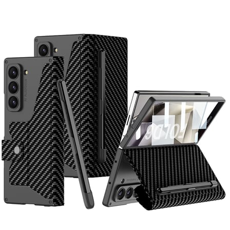 Lexroo Galaxy Z Fold 6 Kılıf Kamera Korumalı Karbon Tasarımlı Kıpta Kalem Bölmeli Fest Kılıf - Siyah Karbon