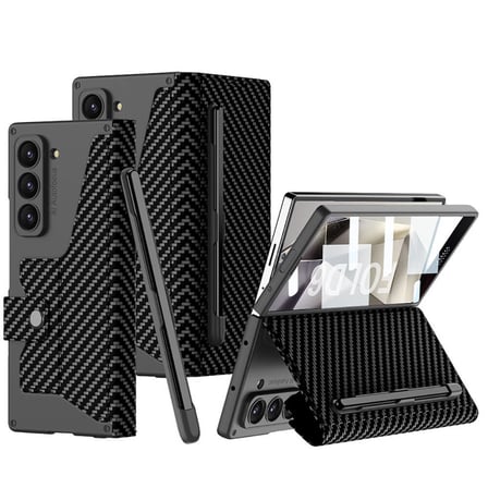 Lexroo Galaxy Z Fold 6 Kılıf Kamera Korumalı Karbon Tasarımlı Kıpta Kalem Bölmeli Fest Kılıf - Siyah Karbon