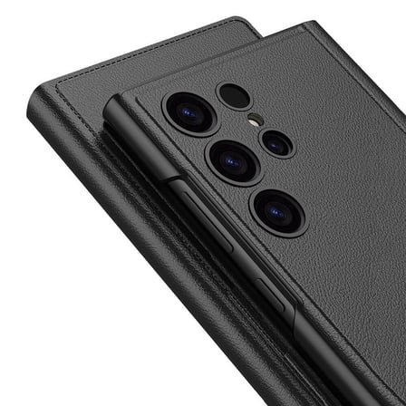 Lexroo Galaxy S24 Ultra Kılıf Kamera Korumalı Suni Deri Tasarım Droga Standlı Kartlıklı Kılıf - Siyah