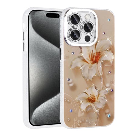 Lexroo iPhone 15 Pro Max Kılıf Çiçek Desenli Parlak Taşlı Sert Silikon Garden Kılıf - Mor
