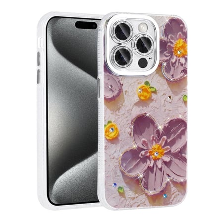 Lexroo iPhone 15 Pro Max Kılıf Çiçek Desenli Parlak Taşlı Sert Silikon Garden Kılıf - Mavi