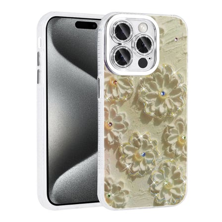 Lexroo iPhone 15 Pro Max Kılıf Çiçek Desenli Parlak Taşlı Sert Silikon Garden Kılıf - Mavi
