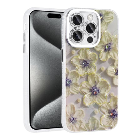 Lexroo iPhone 15 Pro Kılıf Çiçek Desenli Parlak Taşlı Sert Silikon Garden Kılıf - Colorful