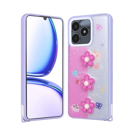 Lexroo Realme C53 Kılıf Parlayan Simli Kabartma Figürlü Cevze Kılıf - Mor Papatya