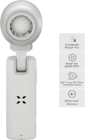 Lexroo El Vantilatörü | Taşınabilir 14000 RPM 7 Saat Şarjlı 5 Kademe Mini Fan X6101 (Beyaz)